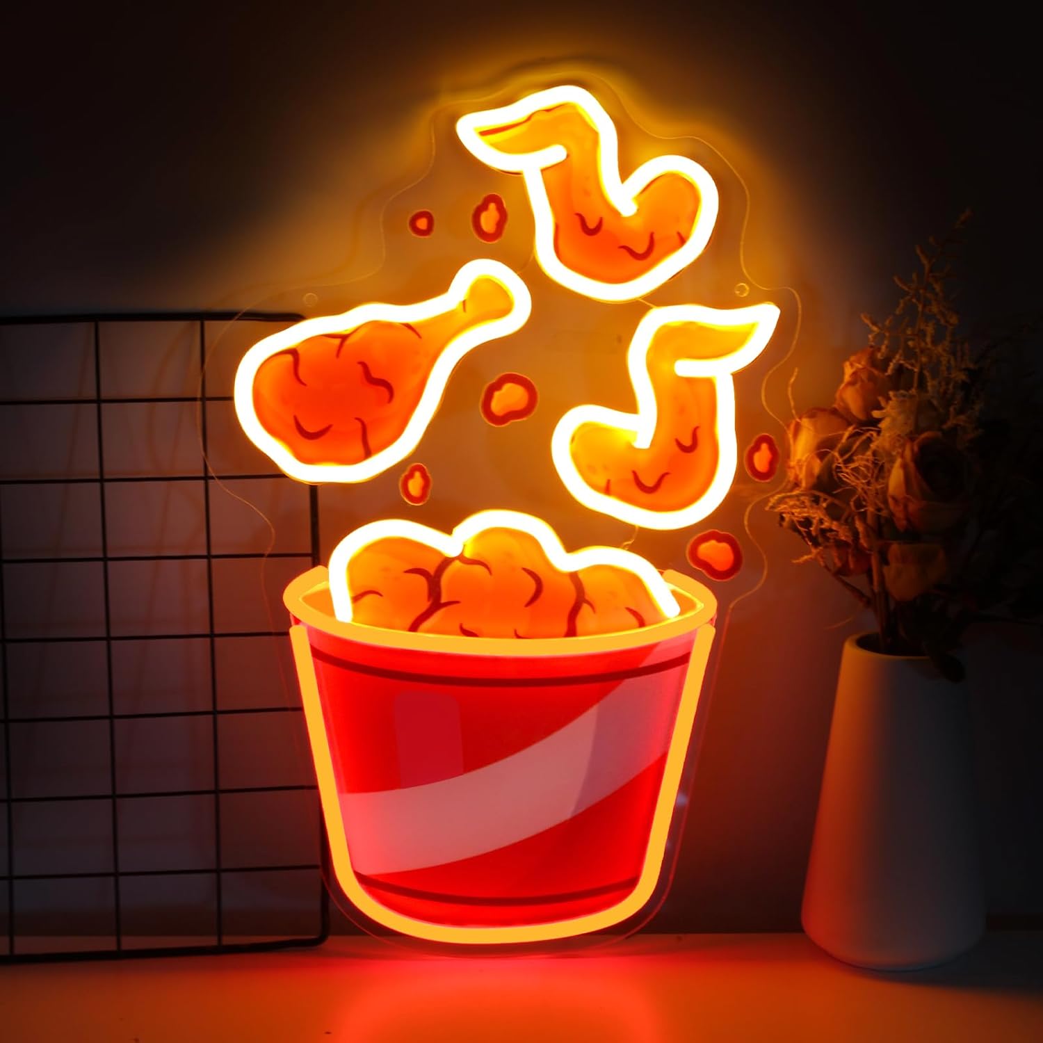 Party Games Shop - ป้ายไฟนีออนรูปไก่ทอด ไฟ LED ปรับความสว่างได้ ใช้พอร์ต USB