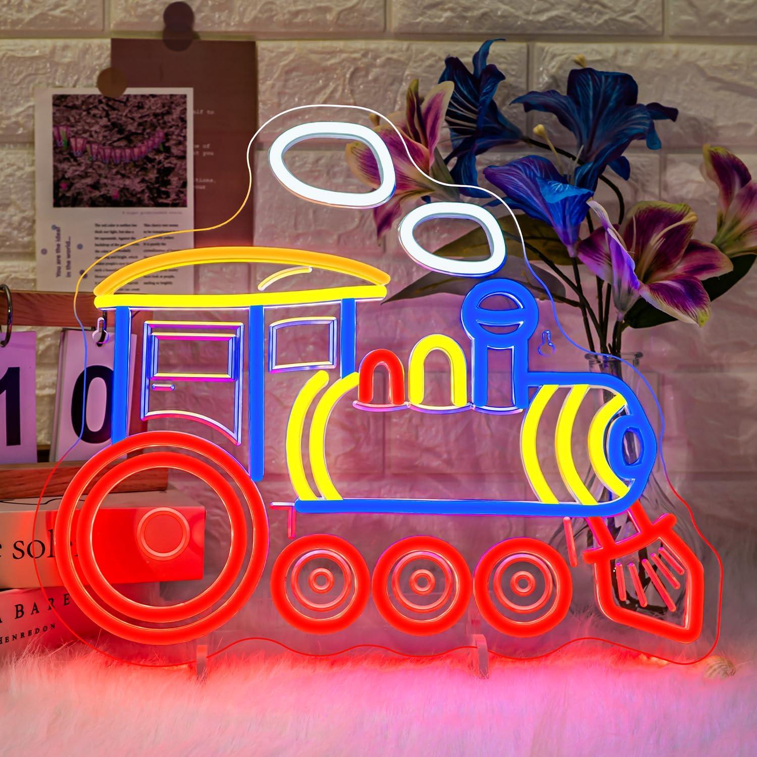 Party Games Shop - ป้ายไฟนีออนรูปรถไฟ ป้ายไฟ LED สำหรับตกแต่งผนัง ร้านค้า บาร์